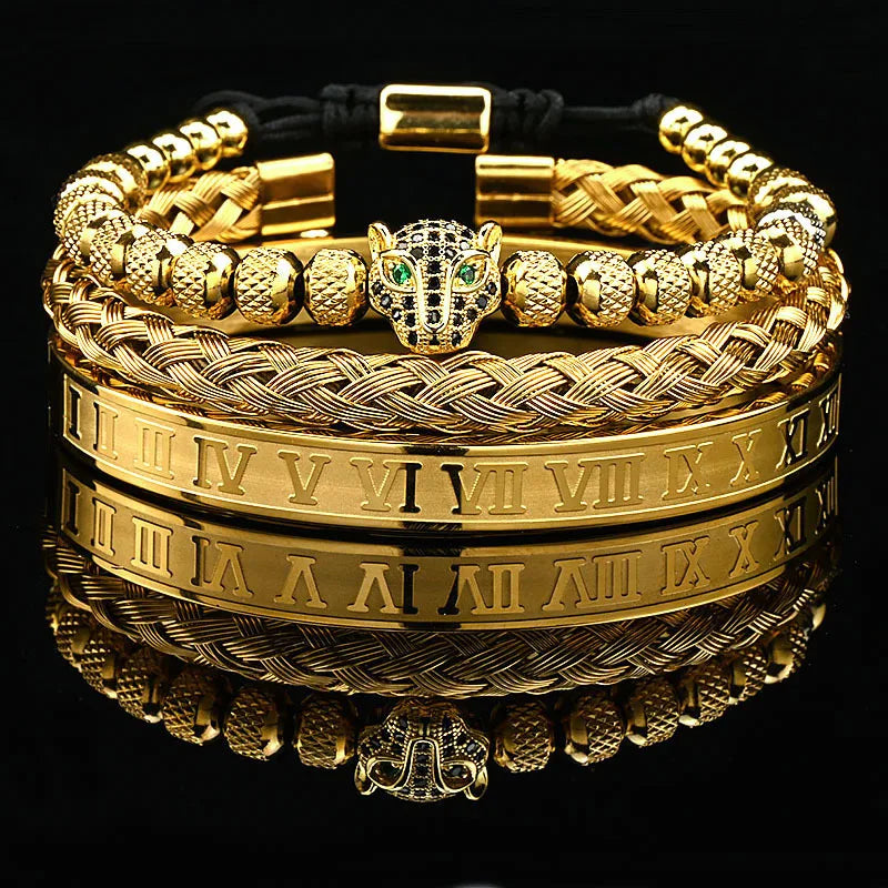 Edelstahl Bangle Armreif Leopardenkopf & Steinperlen, 7