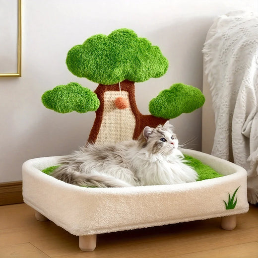 2-in-1-Katzenbett mit Kratzbrett im Tannenbaum-Design