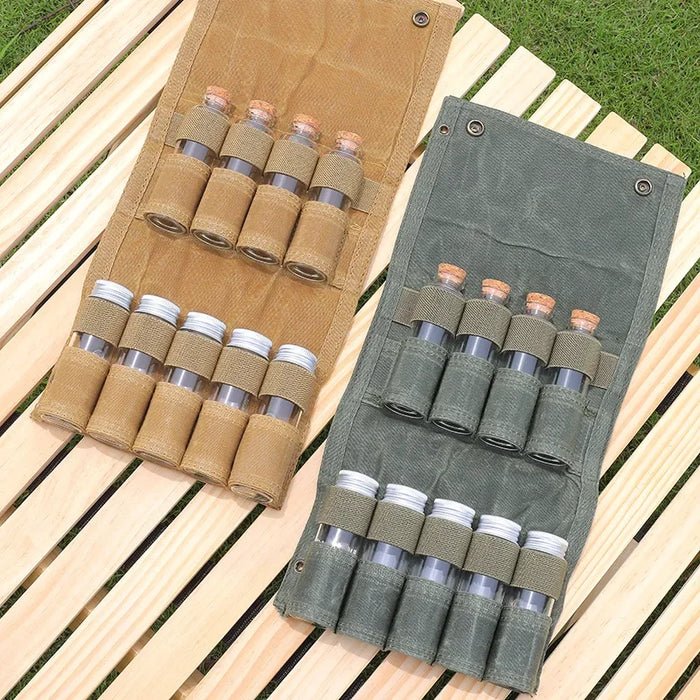 Camping Gewürzflaschen-Set – Wasserdicht, BBQ & Canvas-Tasche