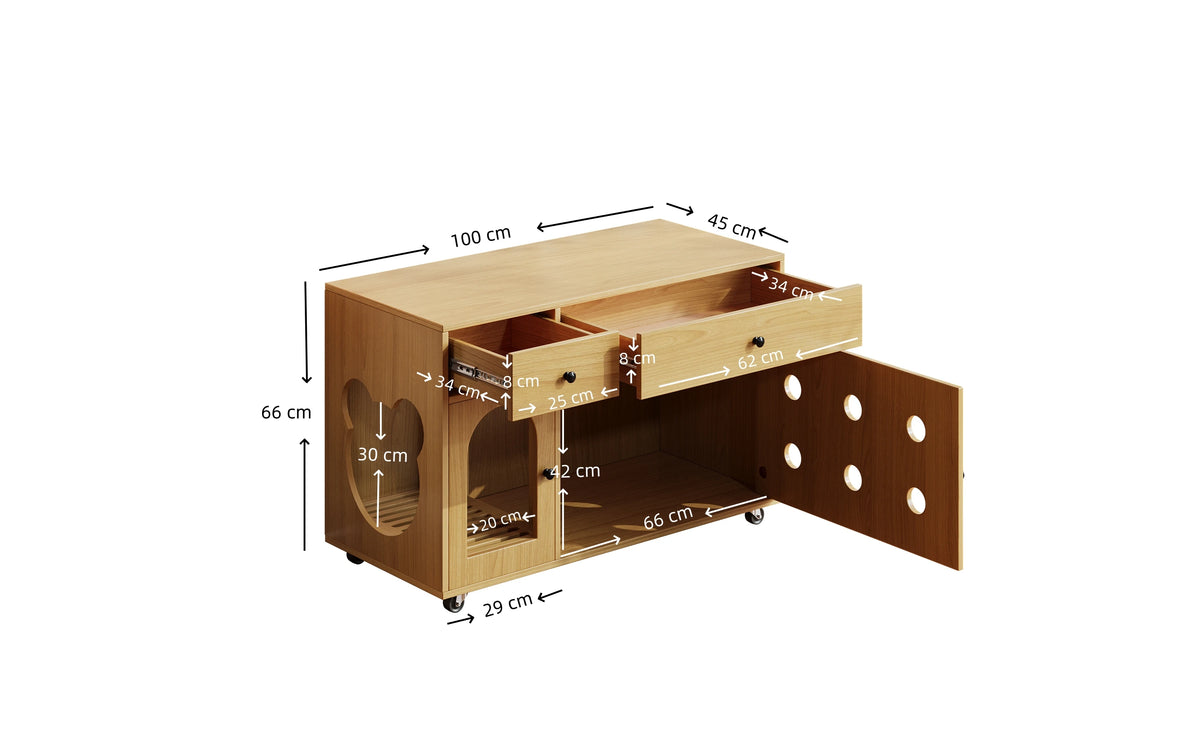 Katzenklo-Schrank aus Holz mit Schubladen und Rollen