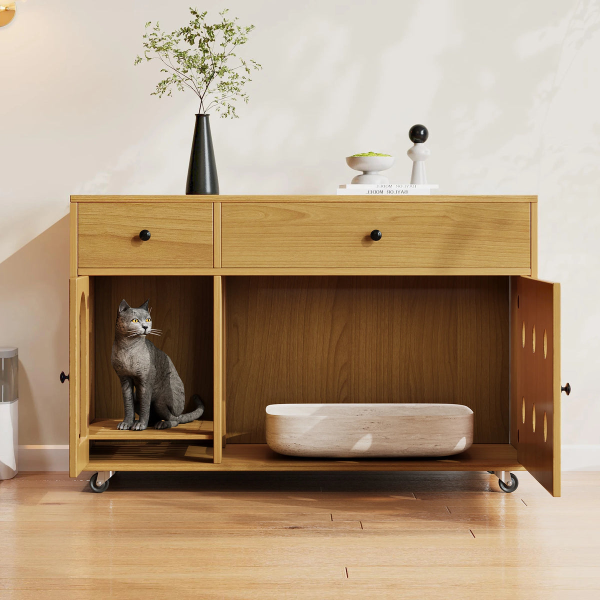Katzenklo-Schrank aus Holz mit Schubladen und Rollen