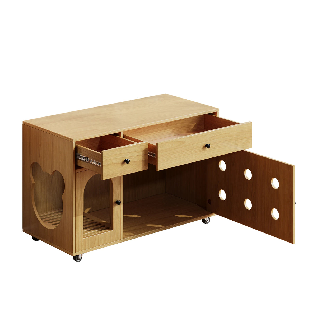 Katzenklo-Schrank aus Holz mit Schubladen und Rollen