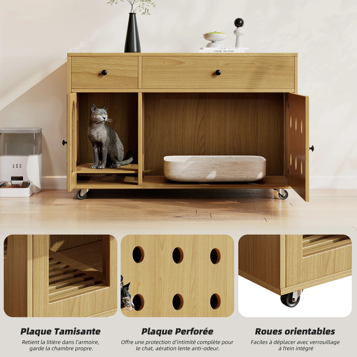 Katzenklo-Schrank aus Holz mit Schubladen und Rollen