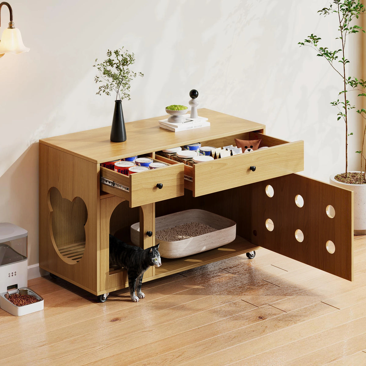 Katzenklo-Schrank aus Holz mit Schubladen und Rollen