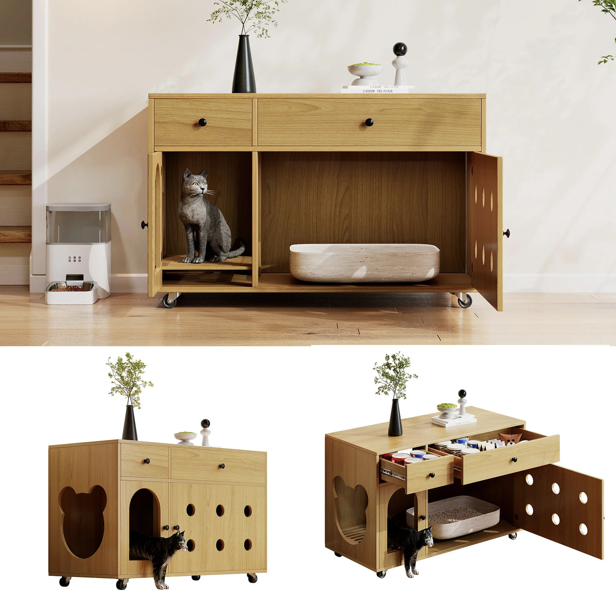 Katzenklo-Schrank aus Holz mit Schubladen und Rollen