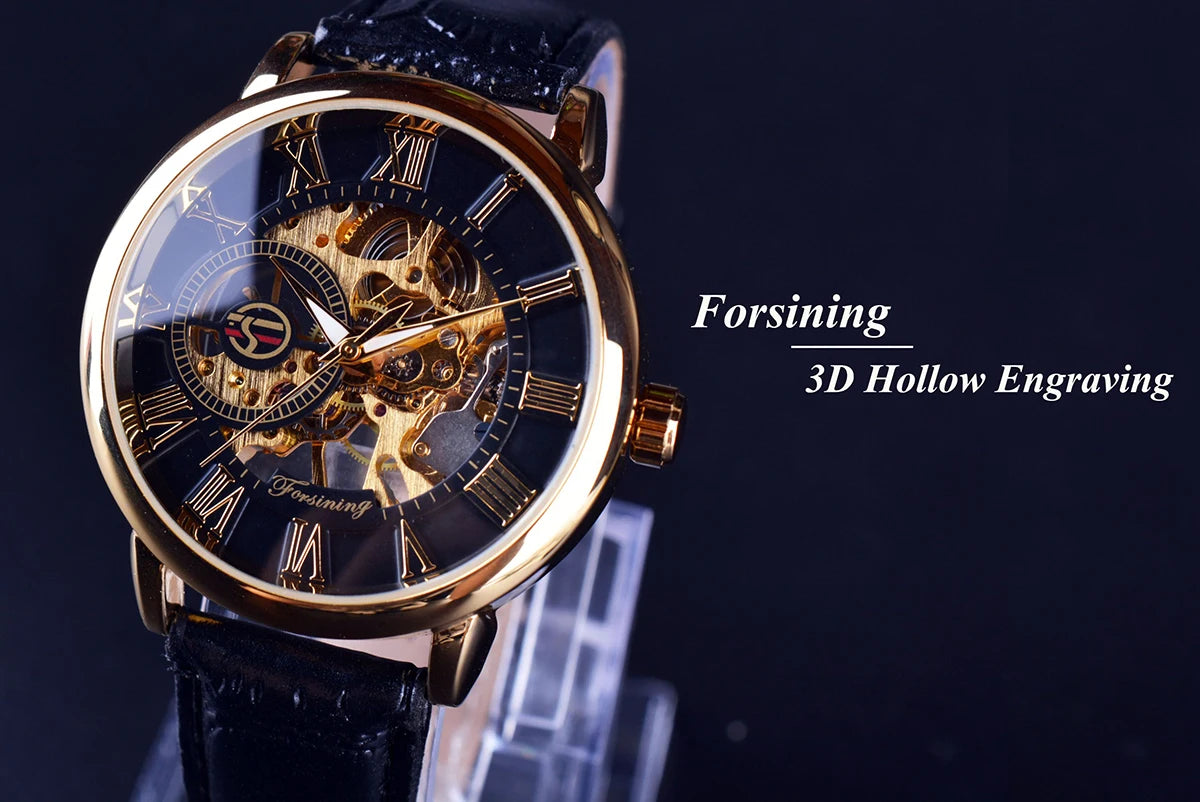 FORSINING Herren-Skelettuhr mit Lederarmband und Handaufzug