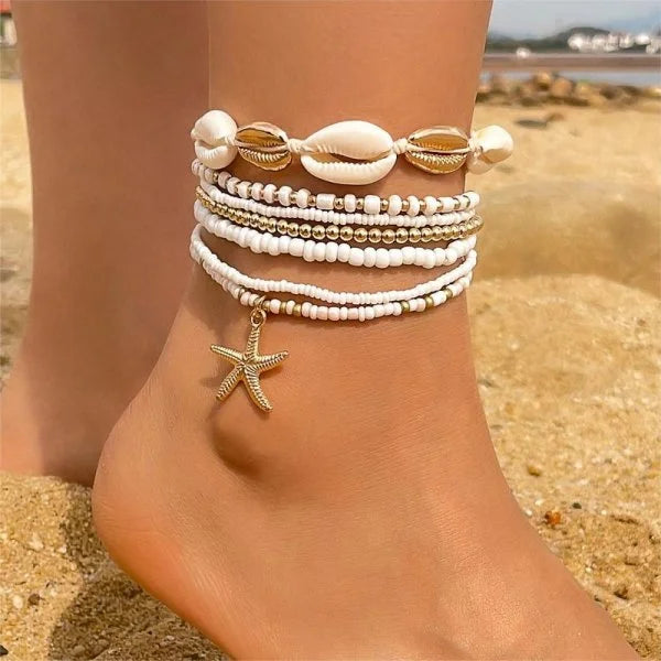 Fußkette Boho – Muschel, Seestern & Reisperlen, handgefertigt, Modell 4