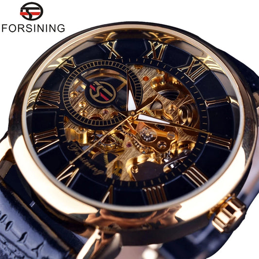 FORSINING Herren-Skelettuhr mit Lederarmband und Handaufzug