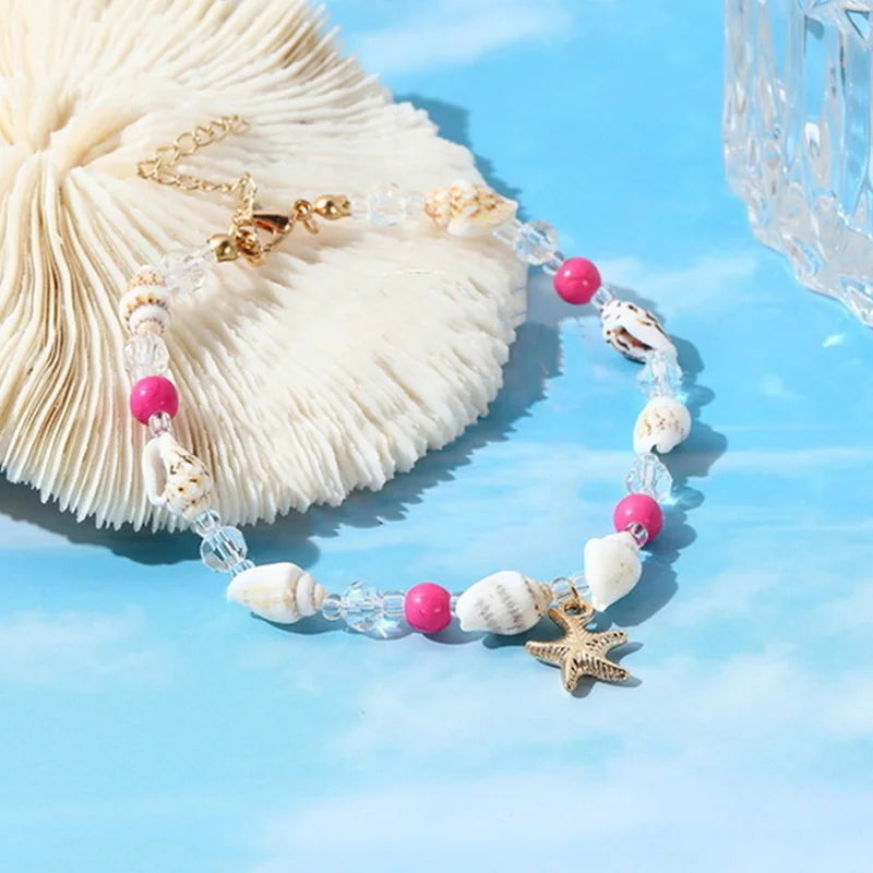Fußkette Boho – Muschel, Seestern & Reisperlen, handgefertigt, Modell 1