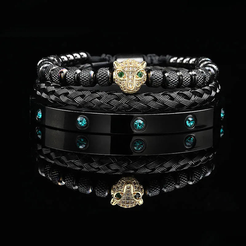 Edelstahl Bangle Armreif Leopardenkopf & Steinperlen, 6