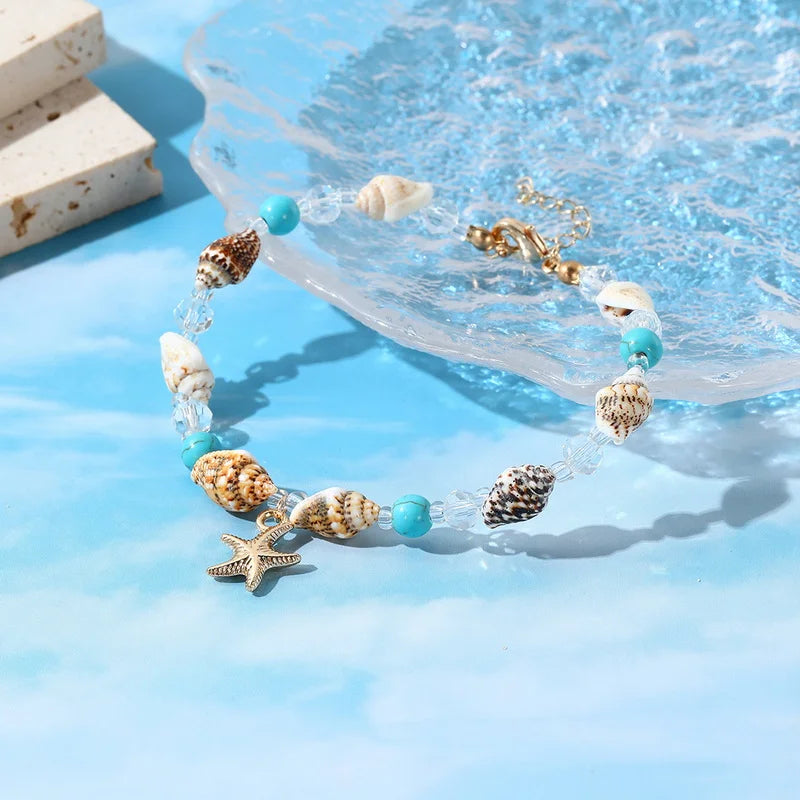 Fußkette Boho – Muschel, Seestern & Reisperlen, handgefertigt, Modell 10