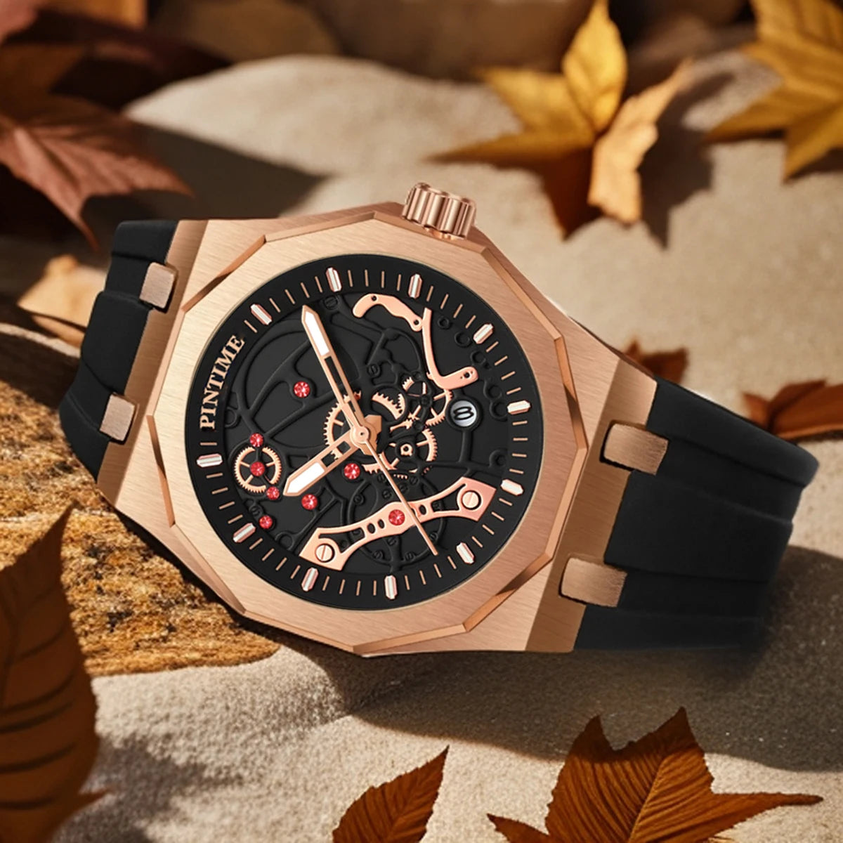 PINTIME Herren-Quarzuhr im Retro-Stil mit Silikonarmband