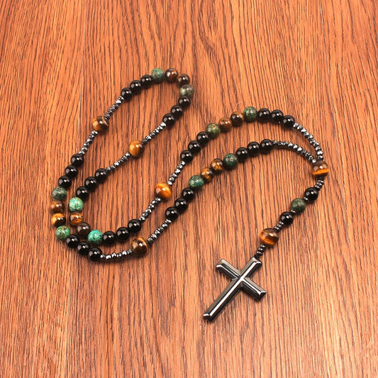 Halskette Naturstein Kreuz Rosenkranz – Tigerauge, Türkis & Obsidian