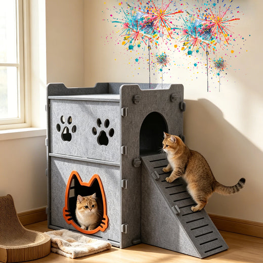 Zweistöckiges Filz-Katzennest | Halboffene Treppenstruktur | 53×48×38 cm