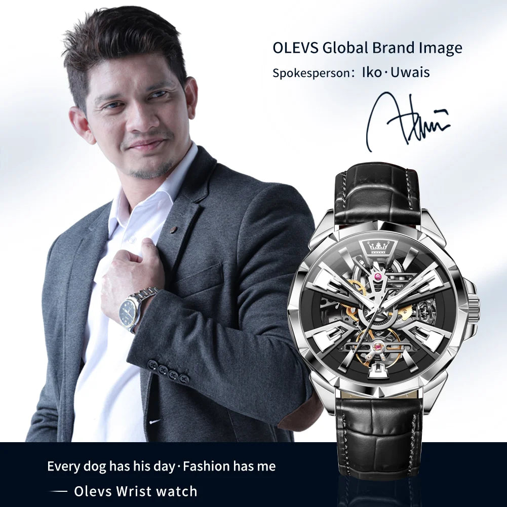 OLEVS 7051 Herren-Automatikuhr mit Skelettdesign und Lederarmband