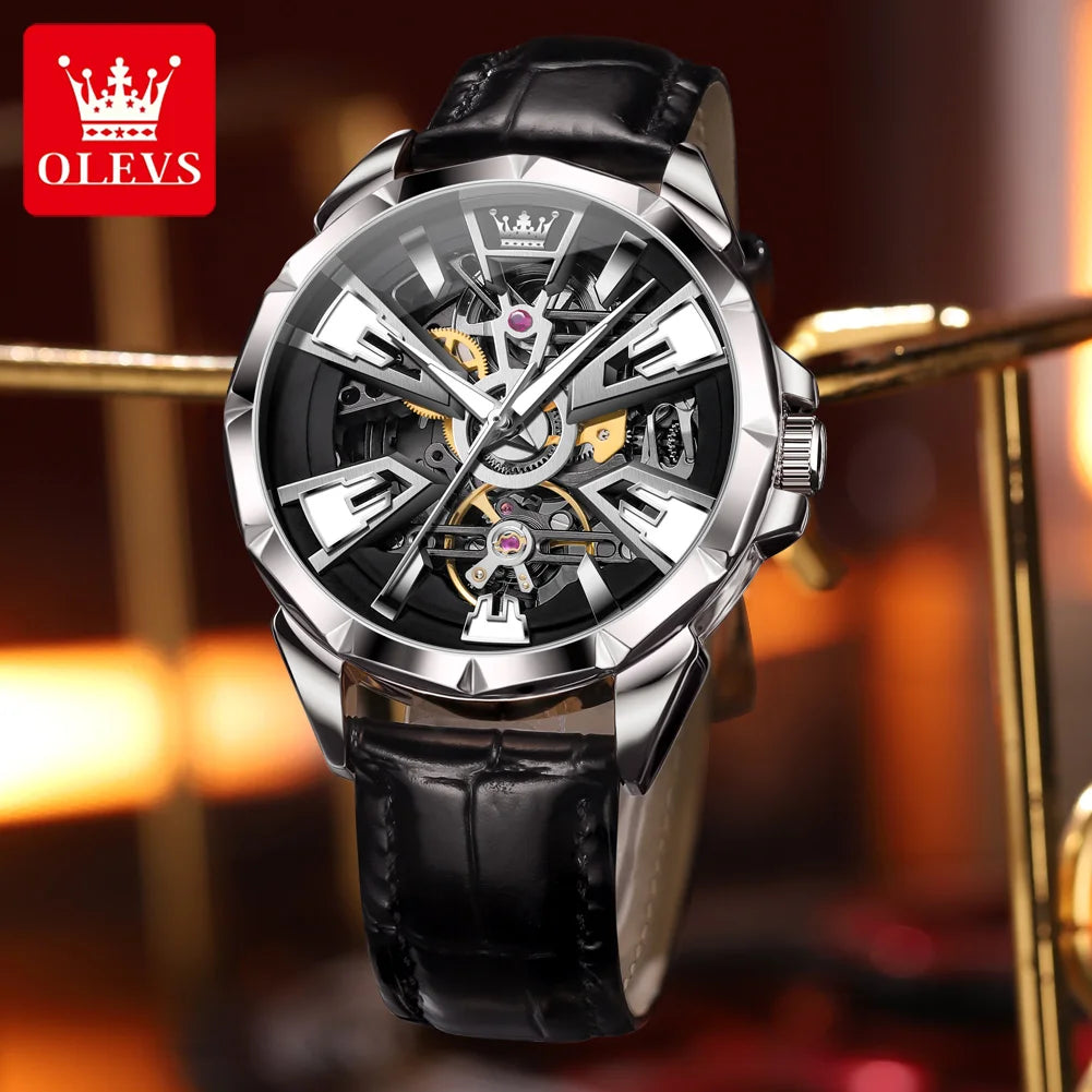 OLEVS 7051 Herren-Automatikuhr mit Skelettdesign und Lederarmband