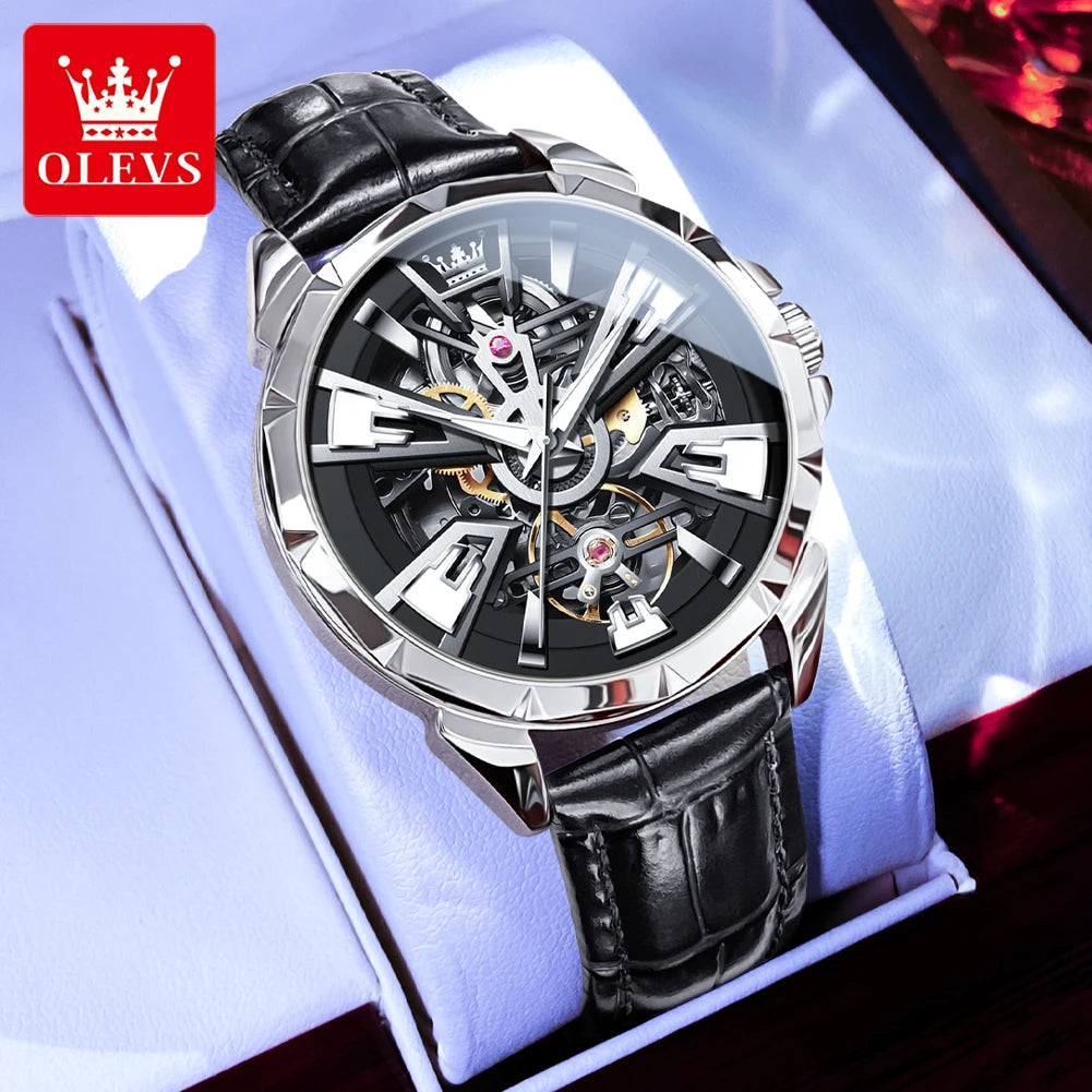 OLEVS 7051 Herren-Automatikuhr mit Skelettdesign und Lederarmband