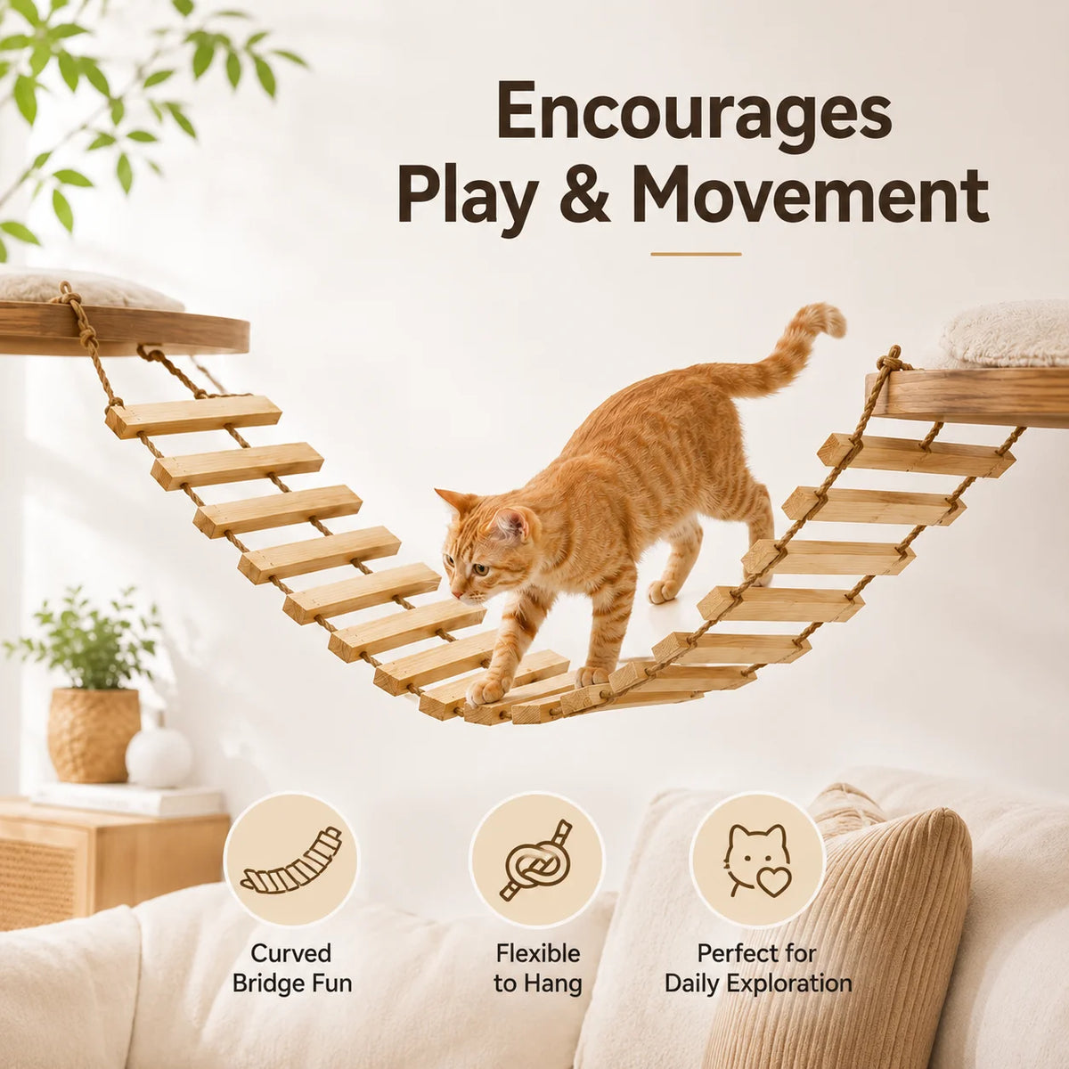 Flexible Katzen-Hängebrücke aus Naturholz