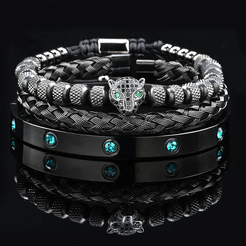 Edelstahl Bangle Armreif Leopardenkopf & Steinperlen, 3