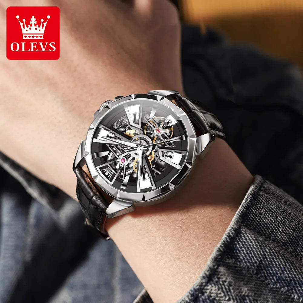 OLEVS 7051 Herren-Automatikuhr mit Skelettdesign und Lederarmband
