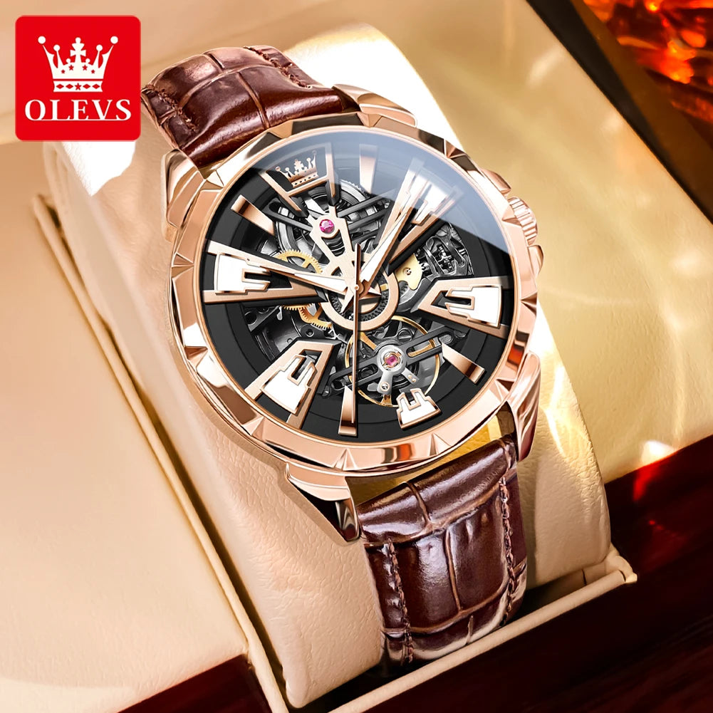OLEVS 7051 Herren-Automatikuhr mit Skelettdesign und Lederarmband