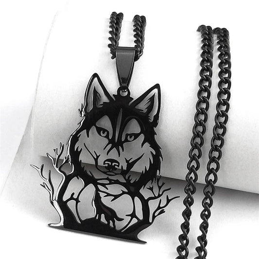 Gothic Wolfskopf Halskette mit Vollmond-Motiv aus Edelstahl