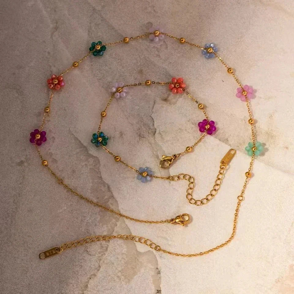 Set Halskette und Armkette in Gold mit bunten Blumen, Ansicht 3