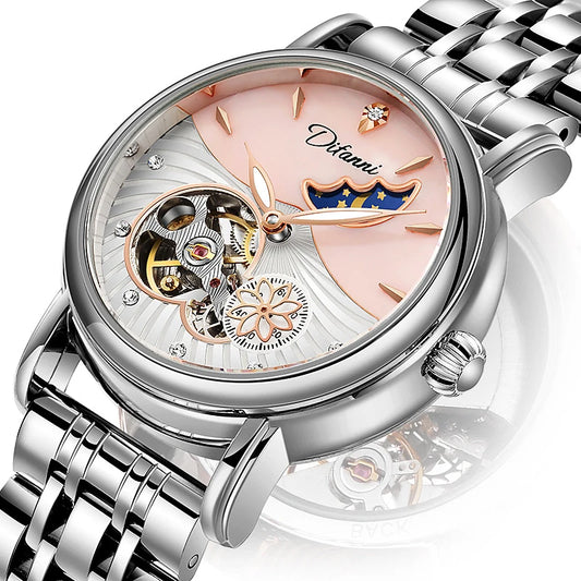 AILANG 6023 Damen-Automatikuhr mit Mondphasenanzeige und drehbarer Blume