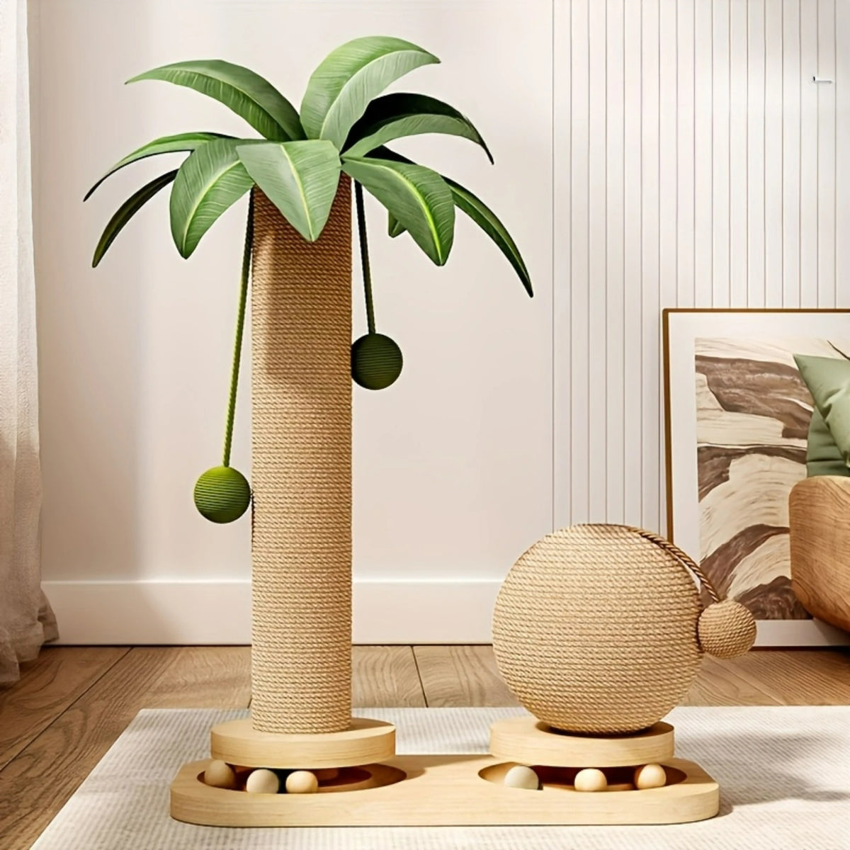 Katzen-Kratzsäule im Palmen-Design mit Spielbällen