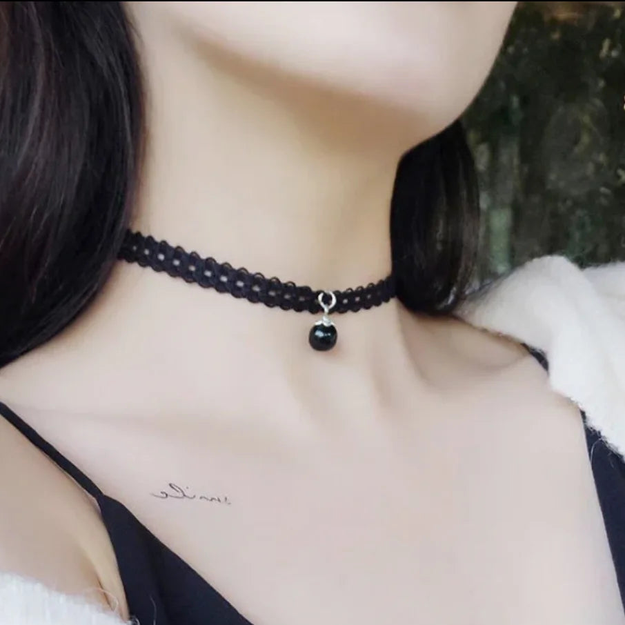 Samt-Spitzen Choker Halskette – Vintage Gothic | Damen, Square hole pearl 20