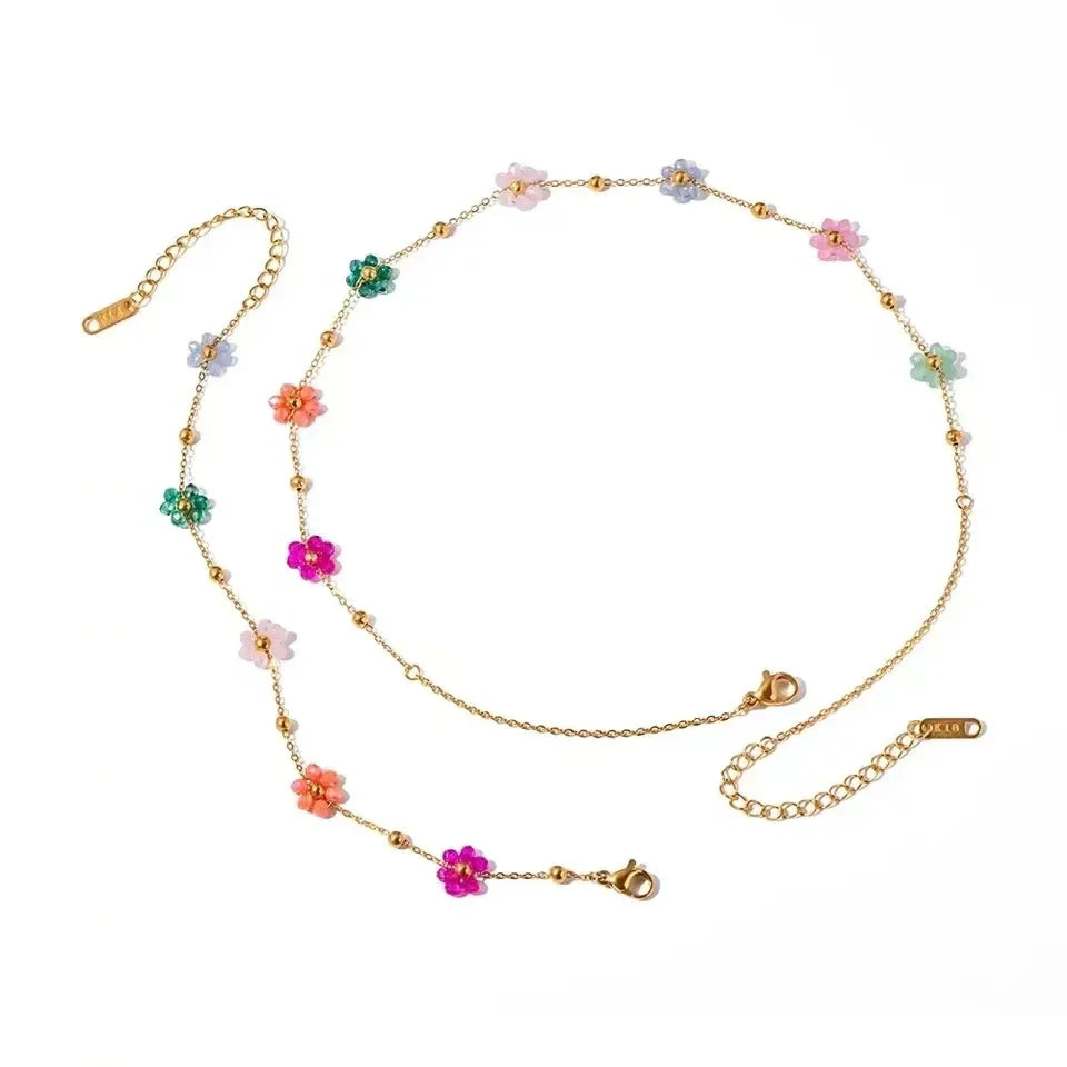 Set Halskette und Armkette in Gold mit bunten Blumen, Ansicht 2