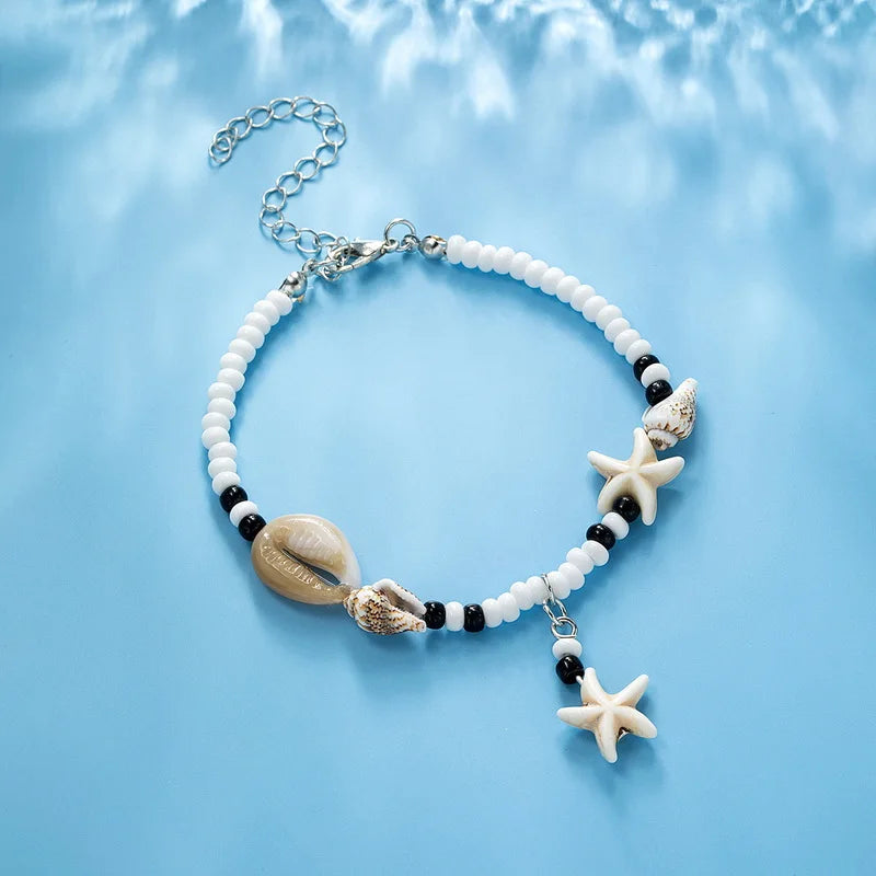 Fußkette Boho – Muschel, Seestern & Reisperlen, handgefertigt, Ansicht 4
