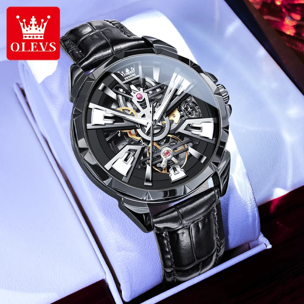 OLEVS 7051 Herren-Automatikuhr mit Skelettdesign und Lederarmband