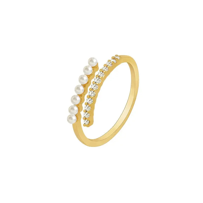 Eleganter zweireihiger Ring mit kleinem Steinen und Perlen, Gold