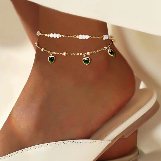 Edelstahl-Fußkette Herz & Kristall – Mehrlagig | Damen