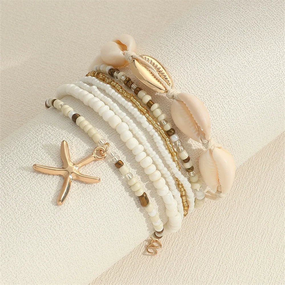 Fußkette Boho – Muschel, Seestern & Reisperlen, handgefertigt, Modell 13