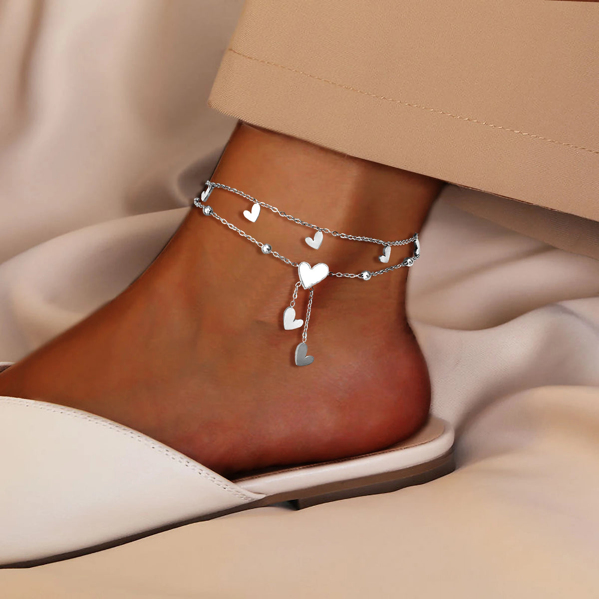 Edelstahl-Fußkette Herz & Muschel – Mehrlagig | Damen, Silber