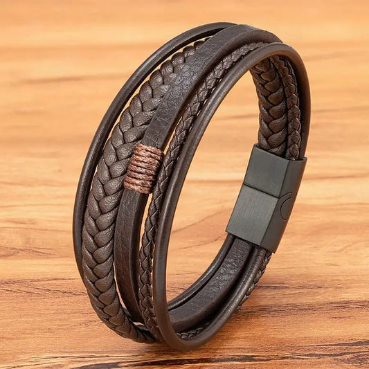 Leder & Edelstahl Armband mehrlagig – Herren | Handgeflochten