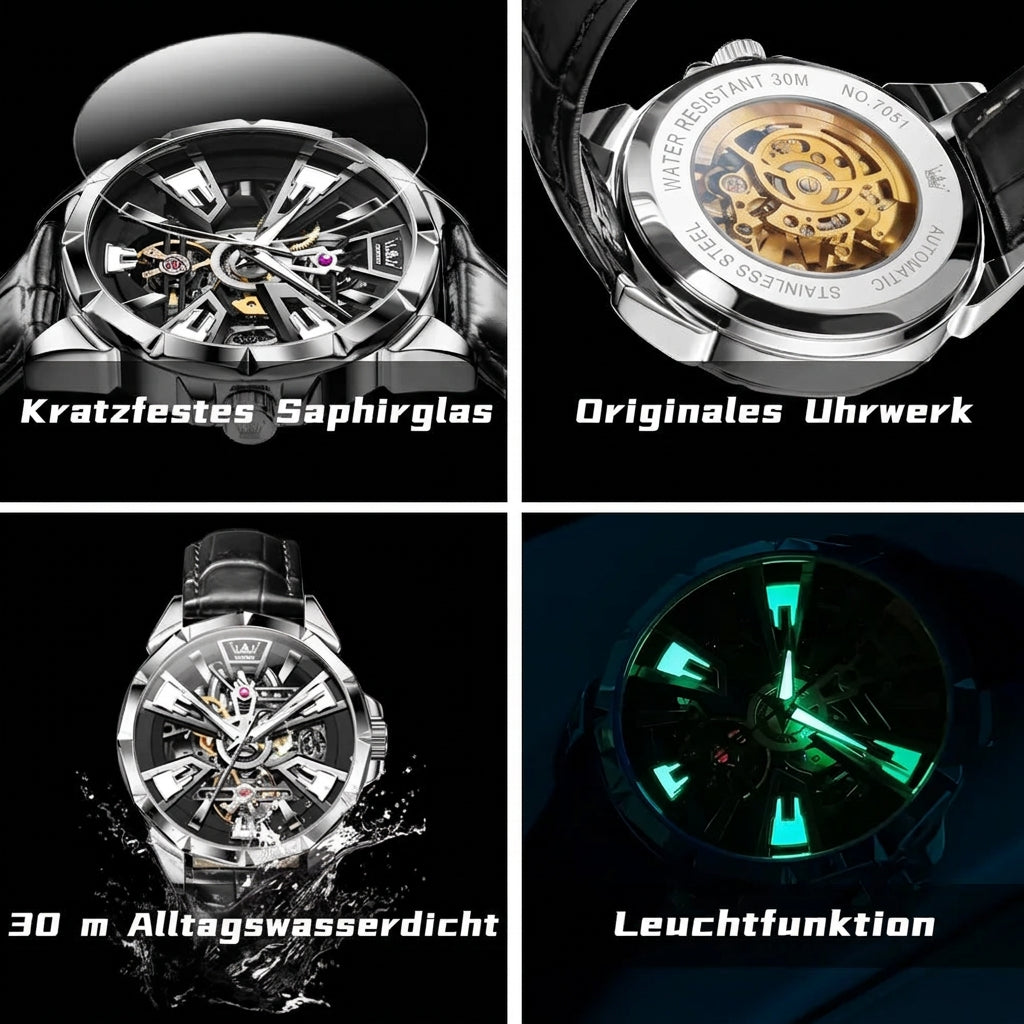 OLEVS 7051 Herren-Automatikuhr mit Skelettdesign und Lederarmband