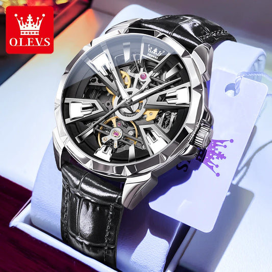 OLEVS 7051 Herren-Automatikuhr mit Skelettdesign und Lederarmband