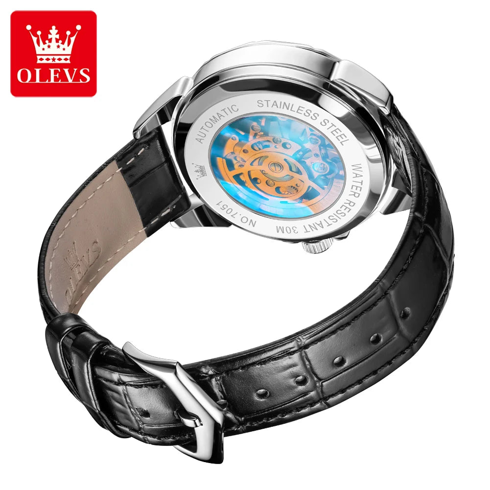 OLEVS 7051 Herren-Automatikuhr mit Skelettdesign und Lederarmband