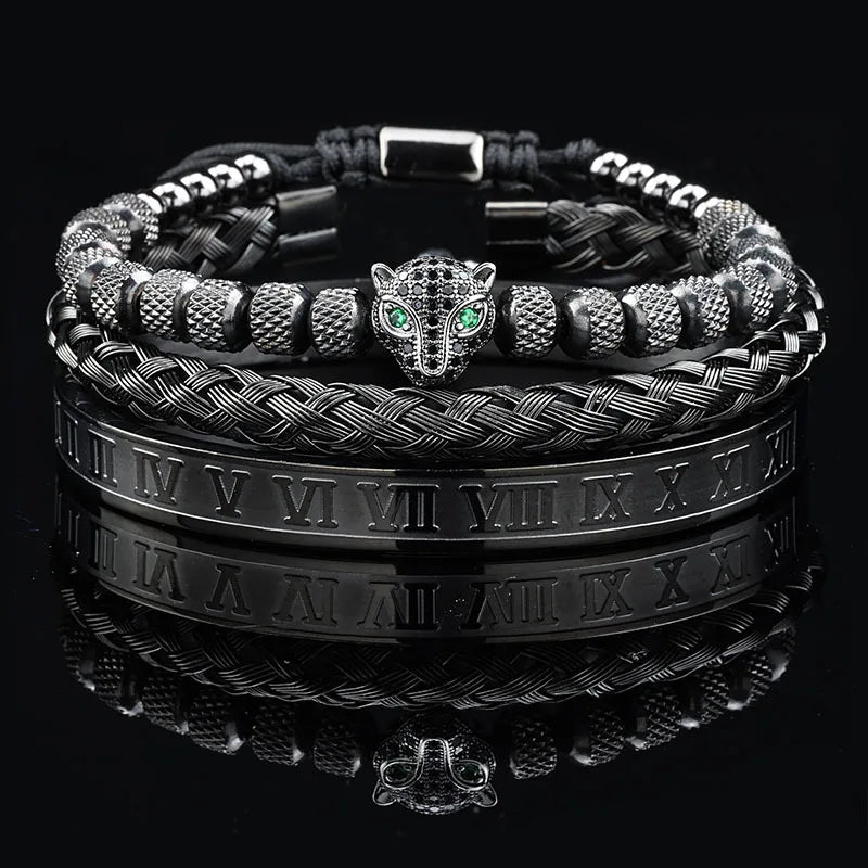Edelstahl Bangle Armreif Leopardenkopf & Steinperlen, 1