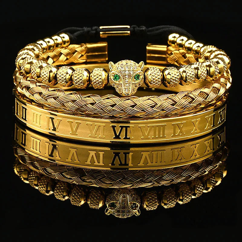 Edelstahl Bangle Armreif Leopardenkopf & Steinperlen, 8