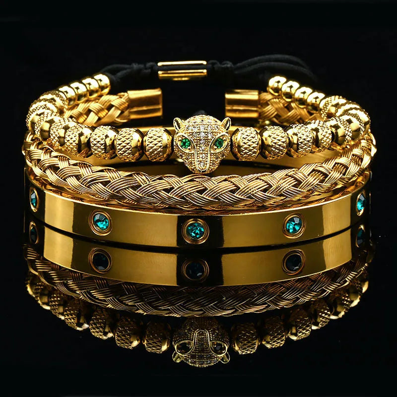 Edelstahl Bangle Armreif Leopardenkopf & Steinperlen, 9