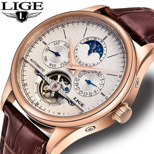 LIGE Herren Automatikuhr Tourbillon Echtleder wasserdicht Military