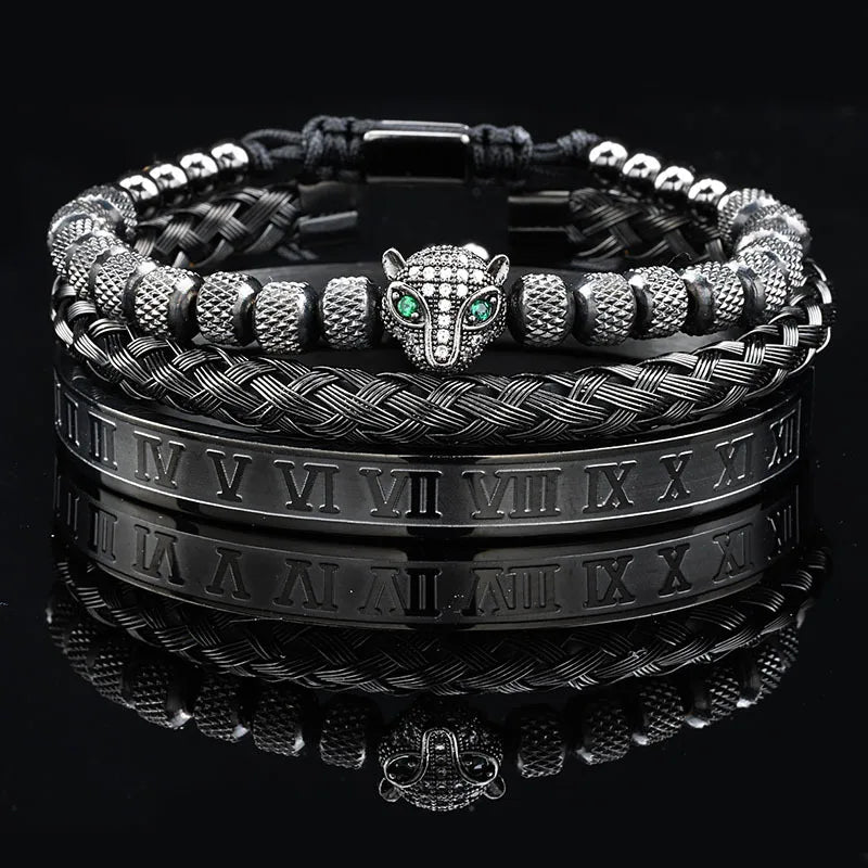 Edelstahl Bangle Armreif Leopardenkopf & Steinperlen, 2