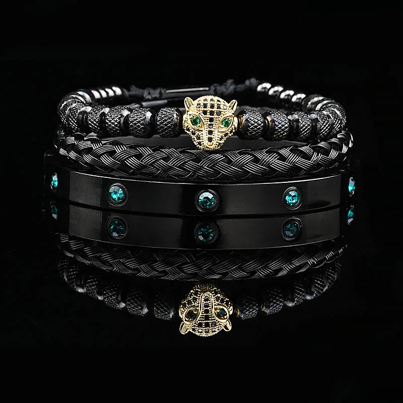 Edelstahl Bangle Armreif Leopardenkopf & Steinperlen, 5