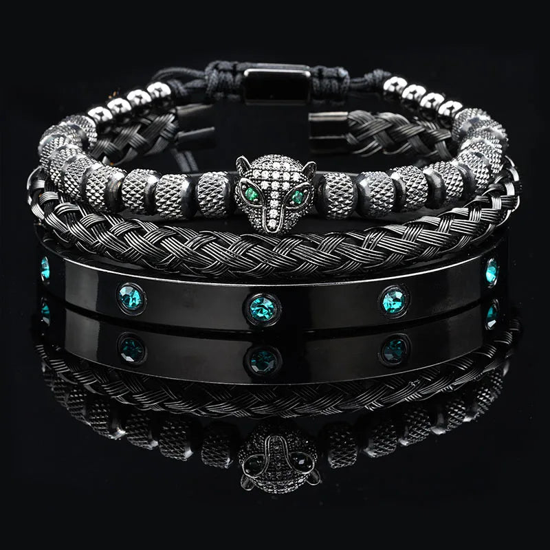 Edelstahl Bangle Armreif Leopardenkopf & Steinperlen, 4