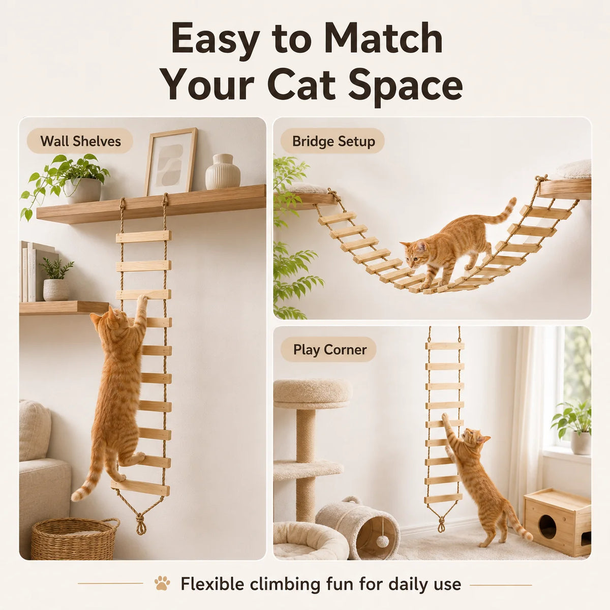 Flexible Katzen-Hängebrücke aus Naturholz
