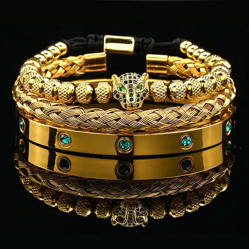 Edelstahl Bangle Armreif Leopardenkopf & Steinperlen